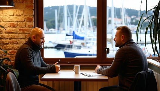 A casual business meeting inside of a small coffee shop The interior is warm and inviting The large picture window shows a marina in the background The business meeting is between two men One man will have a clipboard-4