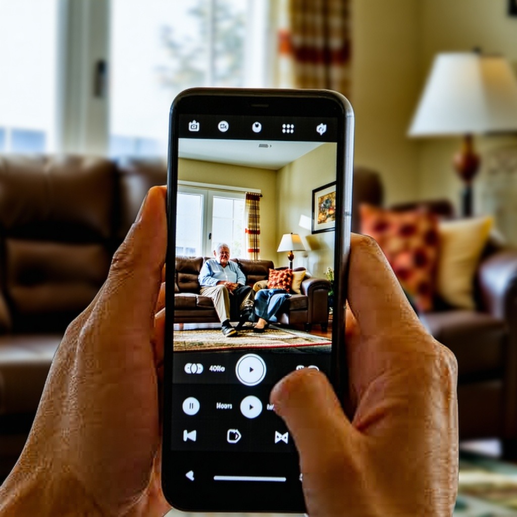 Photo of a person holding a mobile device that shows a camera view of an elderly couple sitting in a livingroom-2