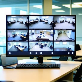 corporate office showing a monitor that has several camera views of business Surveillance system corporate office showing a monitor that has several camera views of business Surveillance system