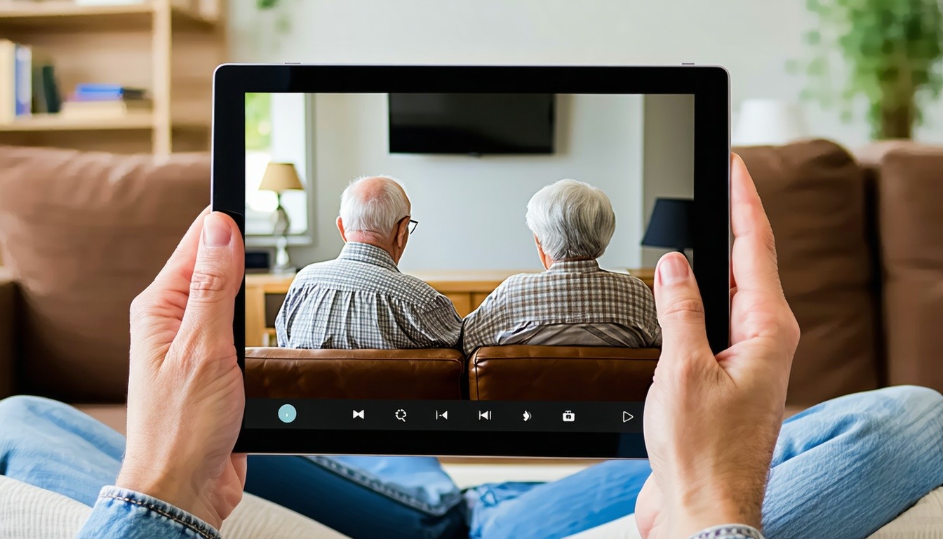set of hands holding a tablet On the screen is an elderly couple sitting on couch together watching tv set of hands holding a tablet On the screen is an elderly couple sitting on couch together watching tv